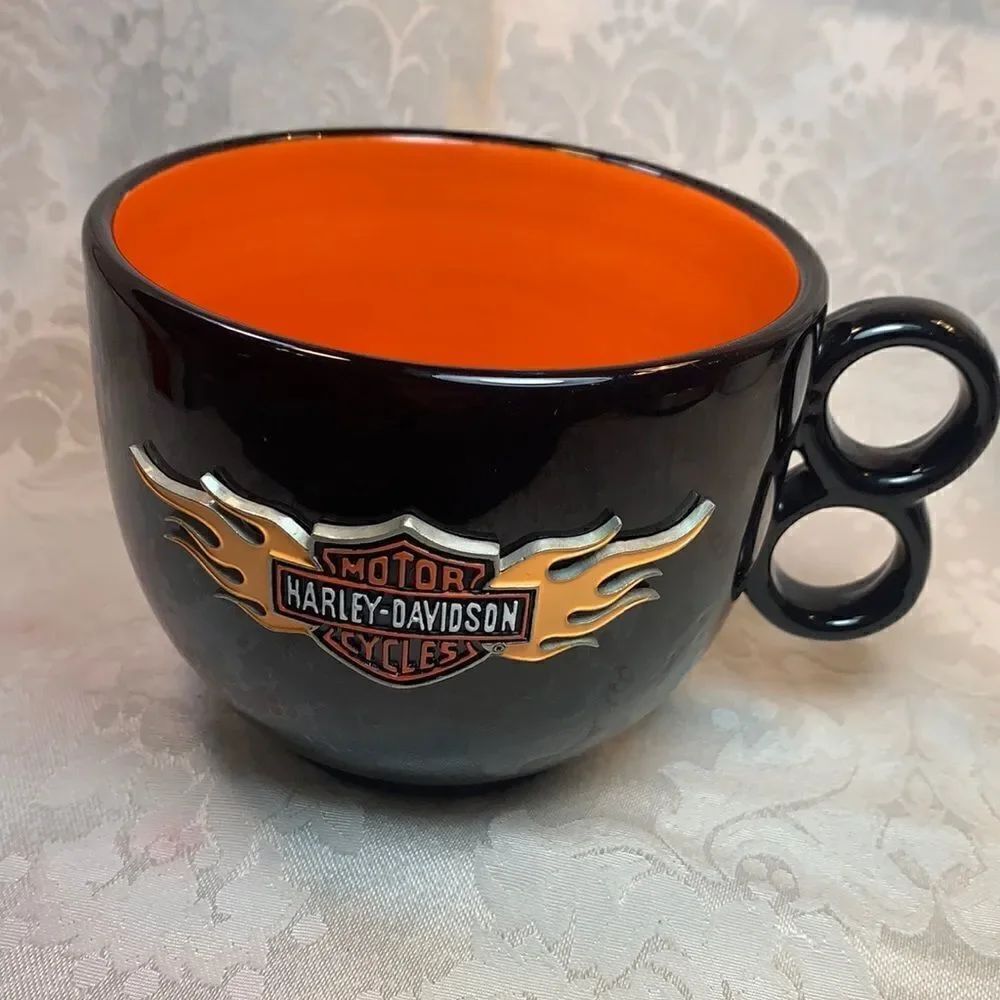 Harley Davidson Moto Cycles Hallmark 2004 Black Orange Soup Coffee 24 Ounces Mug